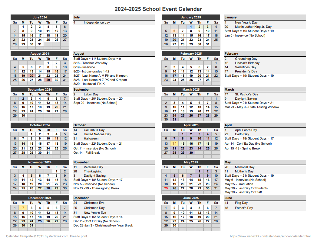 2024-2025 District School Calendar